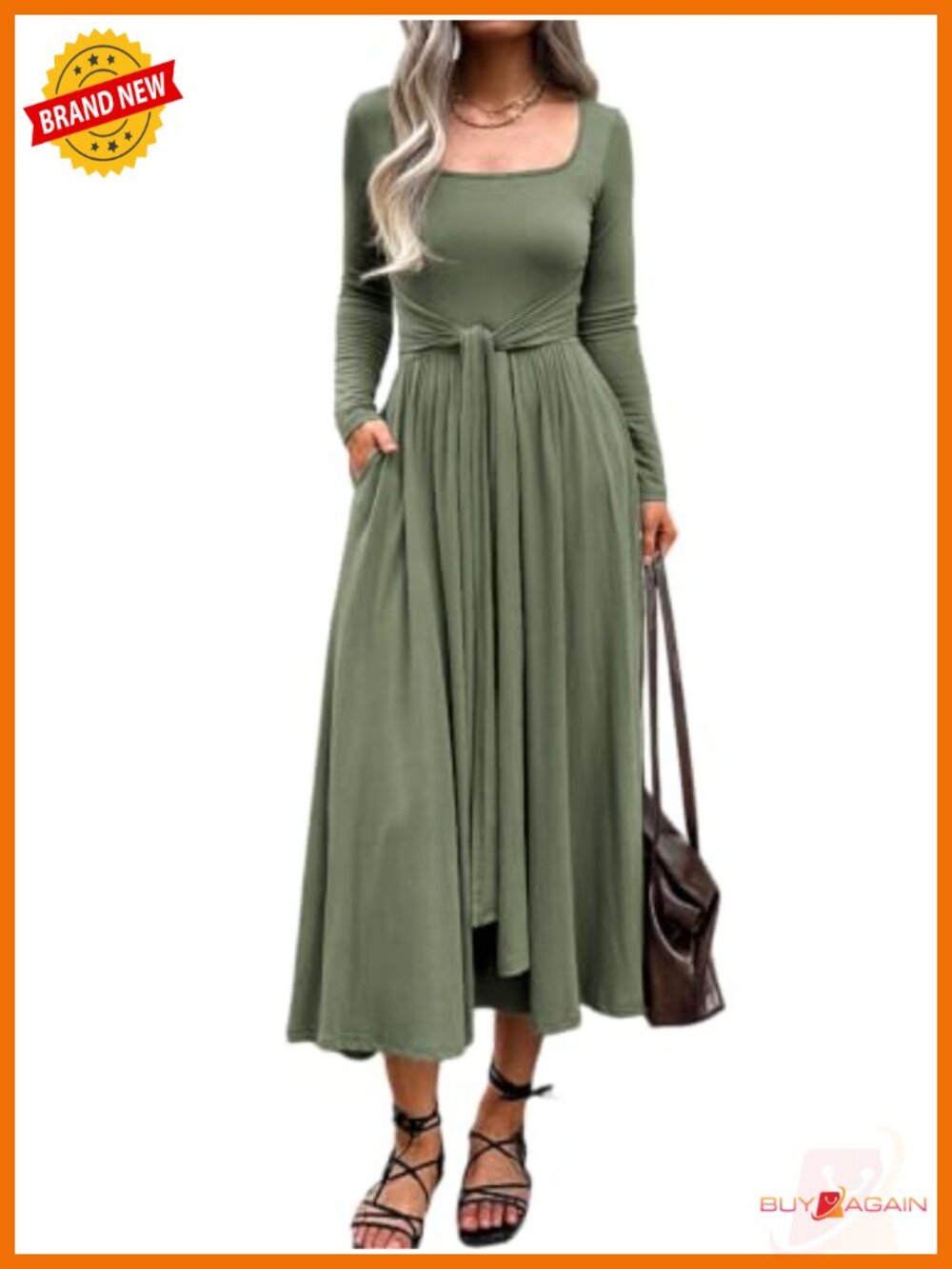 Women's Long Sleeve Tie Waist A Line Maxi Dress with Pockets